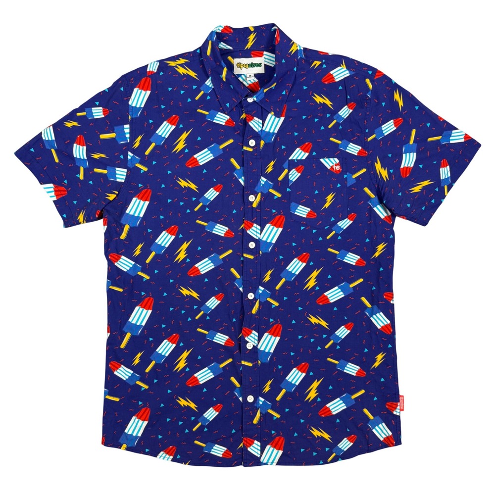 Tipsy Elves Mens XL Shirt Short Sleeve Popsicle Print Cotton Rayon Navy Blue